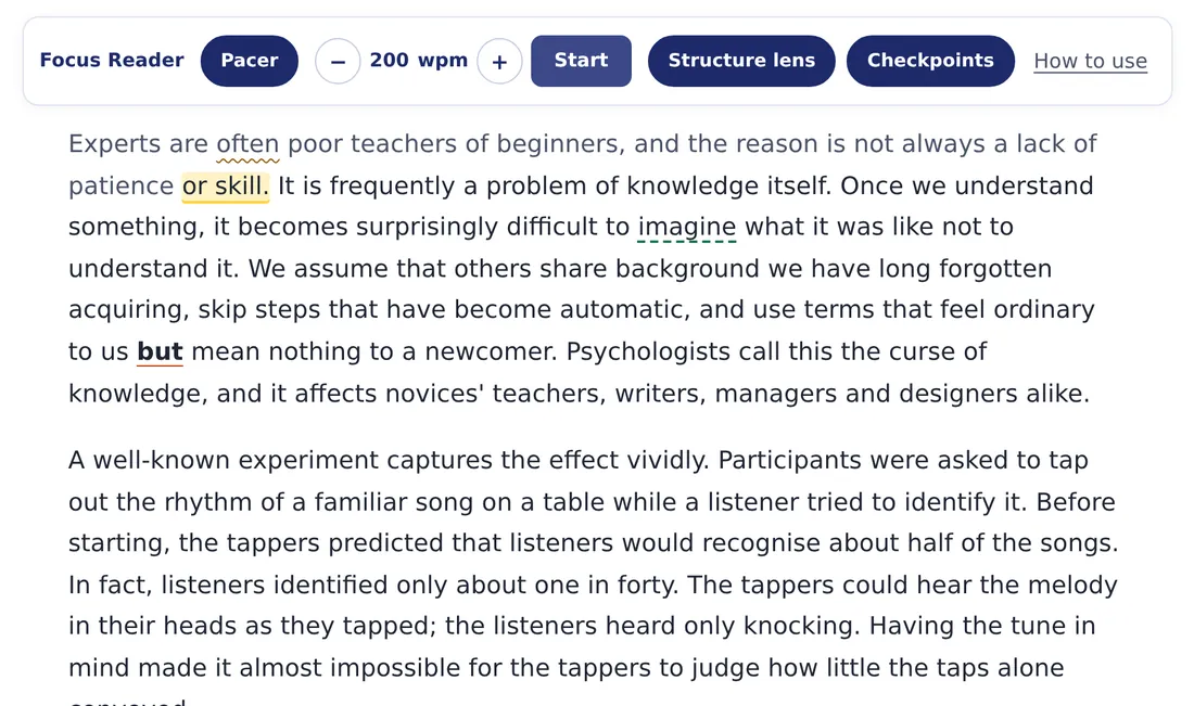Focus Reader: a passage with the current phrase highlighted and signal words underlined.