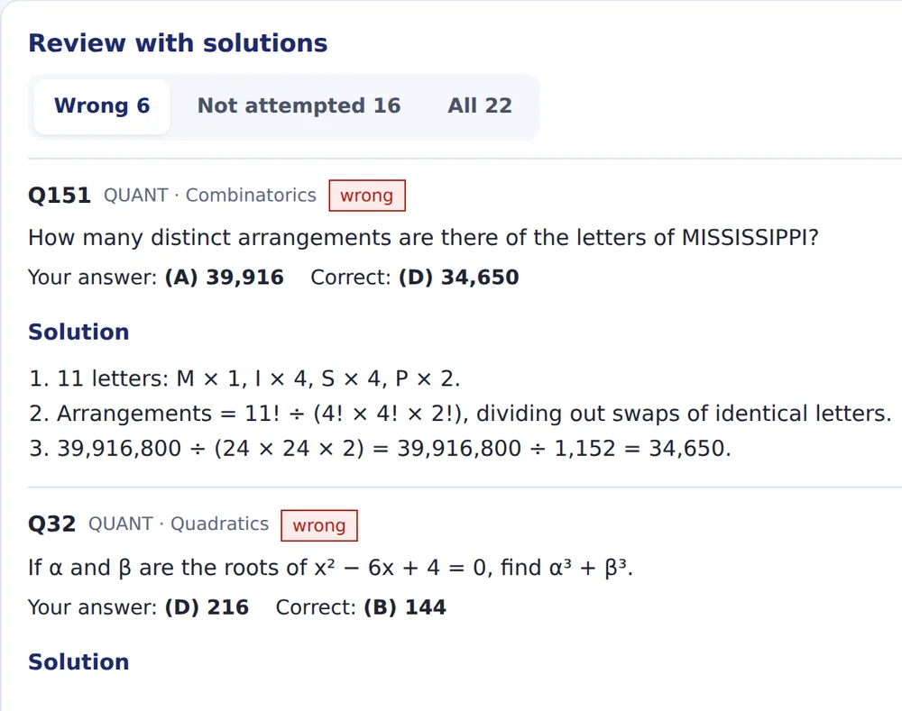 Reviewing a finished test: each wrong question shows the student's answer, the correct answer and a step-by-step solution.
